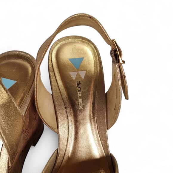 Dani Black Gold Leather Cork Platform Wedge Sandals 7.5M Made in Brazil - Picture 3 of 14